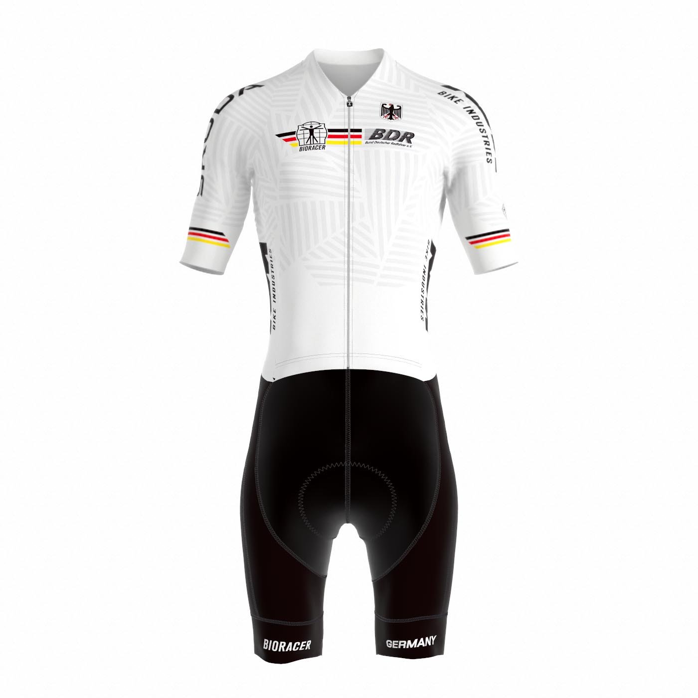 Bioracer Official German Cycling Icon Road Race Suit, kerékpáros versenyruha, aerodinamikus, kényelmes, légáteresztő, fekete fehér
