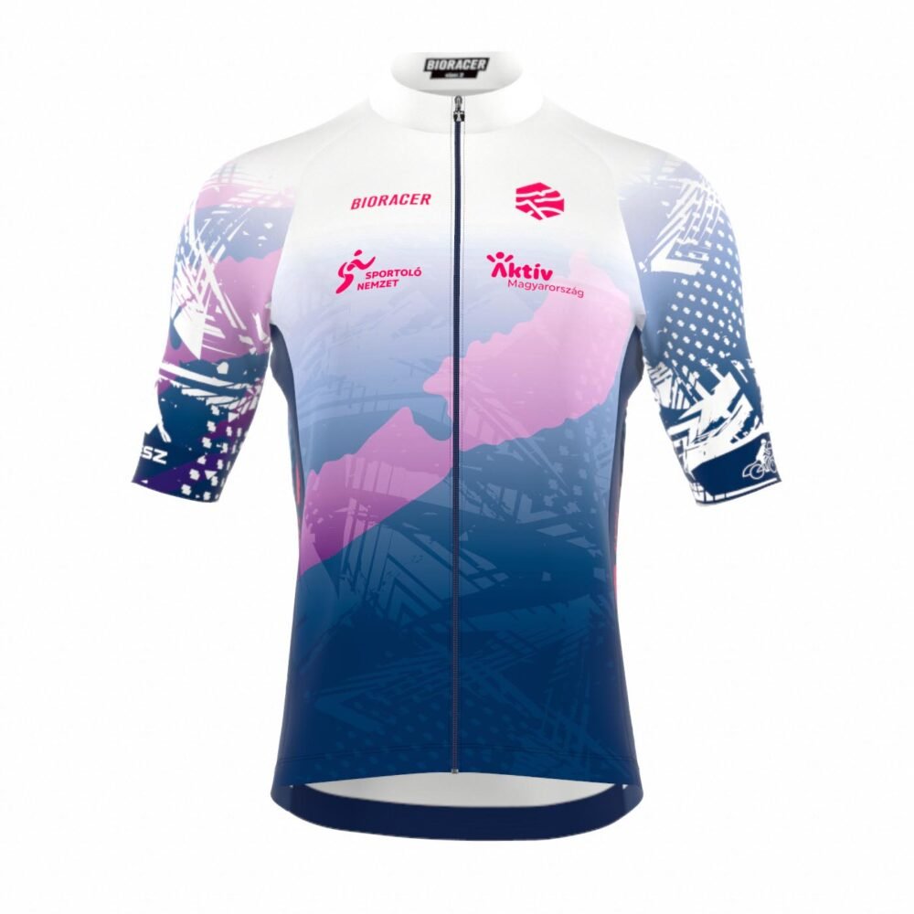 Bioracer Official KÉSZ Group Balatonfondo Cycling Icon Classic Jersey kerékpáros mez, szellős, könnyű, gyors száradású, balatonfondo hivatalos meze, fehér kék rózsaszín